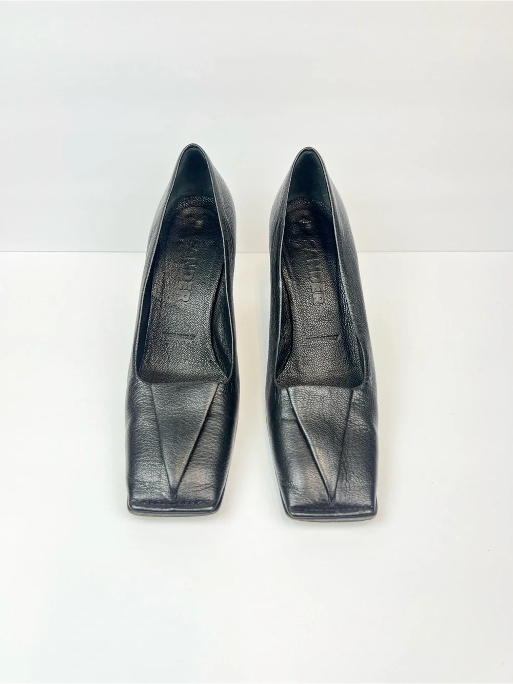 Jil Sander Black Leather Square-Toe Mid Block Heels US 7 Euro 37.5 Made In Italy - Picture 1 of 8
